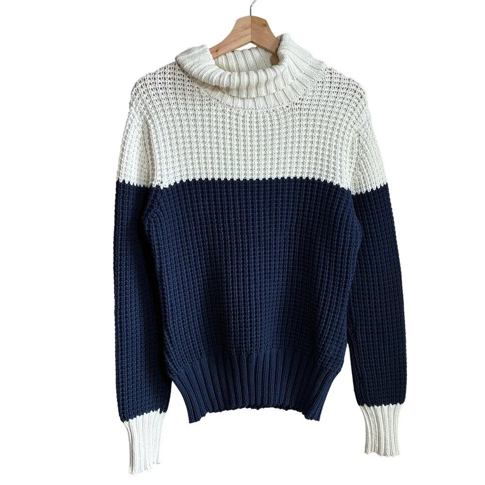 El Ganso Colorblock Waffle Knit Turtleneck Sweater Large Navy White Mens Cotton